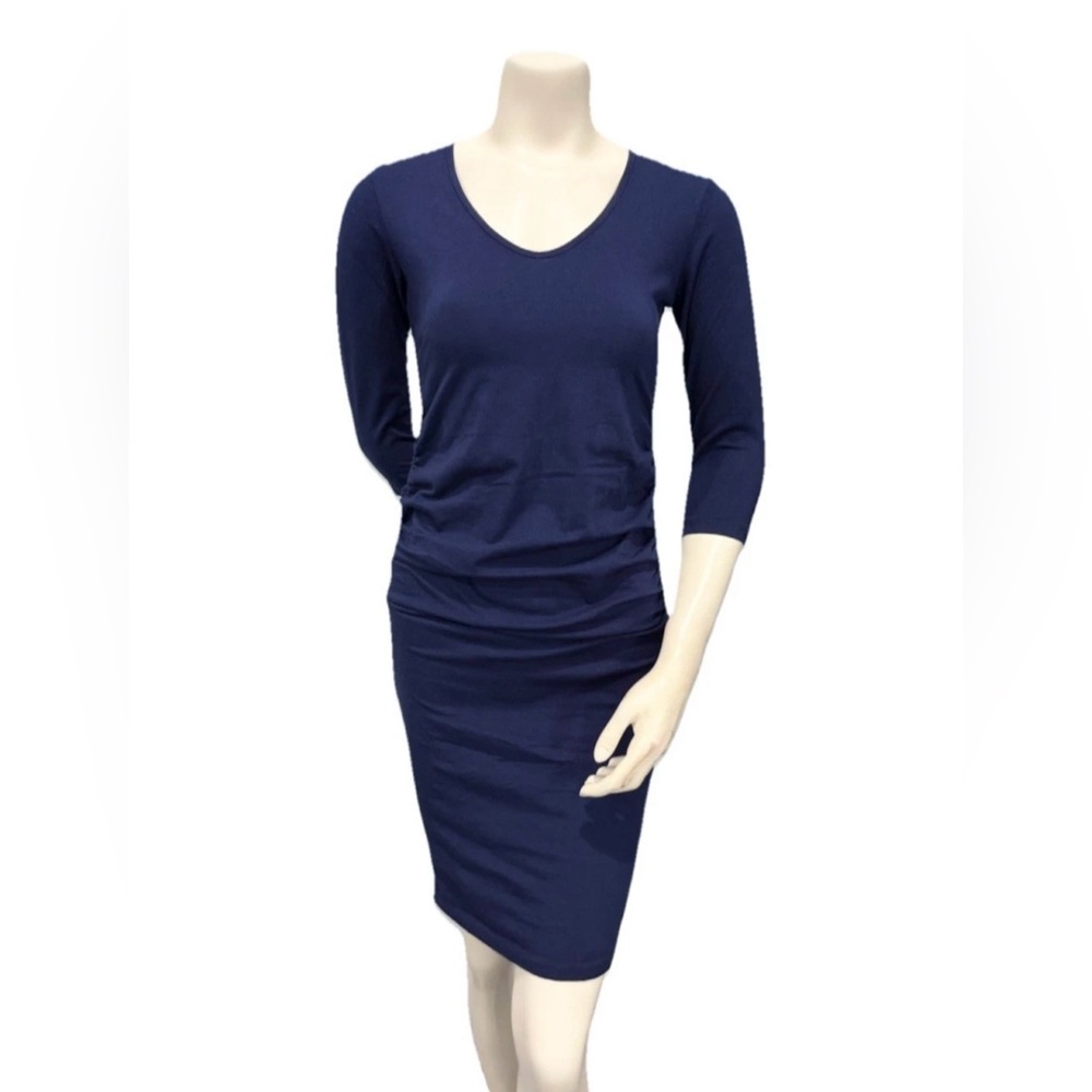 Michael Stars Navy Ruched Bodycon Dress MP NWT 3/4 Sleeve Cotton Stretch